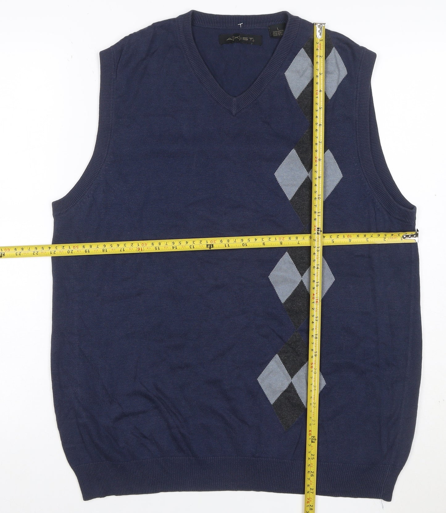 Axist Mens Blue L Argyle V-Neck Sleeveless Cotton Blend Jumper Vest