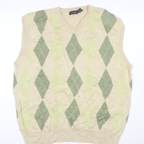 SaddleBred Men's Beige Green XL Argyle V-Neck Cotton Knit Sweater Vest