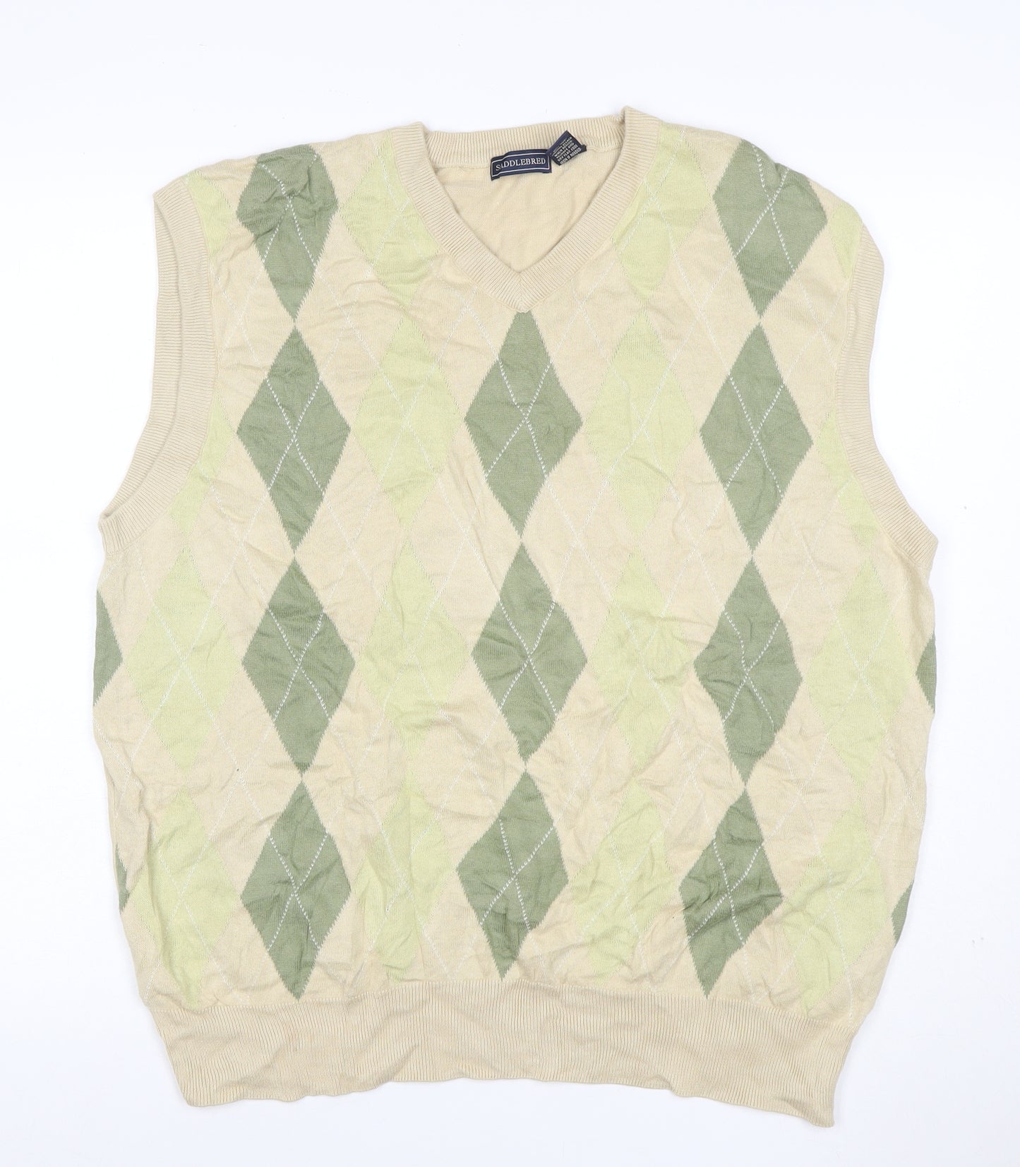 SaddleBred Men's Beige Green XL Argyle V-Neck Cotton Knit Sweater Vest