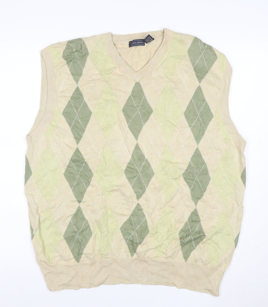 SaddleBred Men's Beige Green XL Argyle V-Neck Cotton Knit Sweater Vest