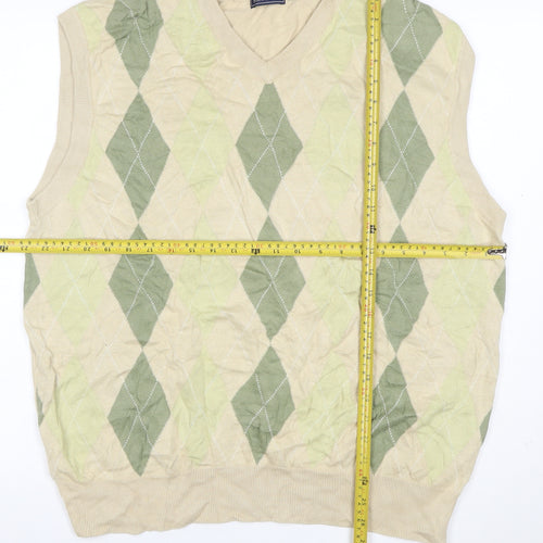 SaddleBred Men's Beige Green XL Argyle V-Neck Cotton Knit Sweater Vest