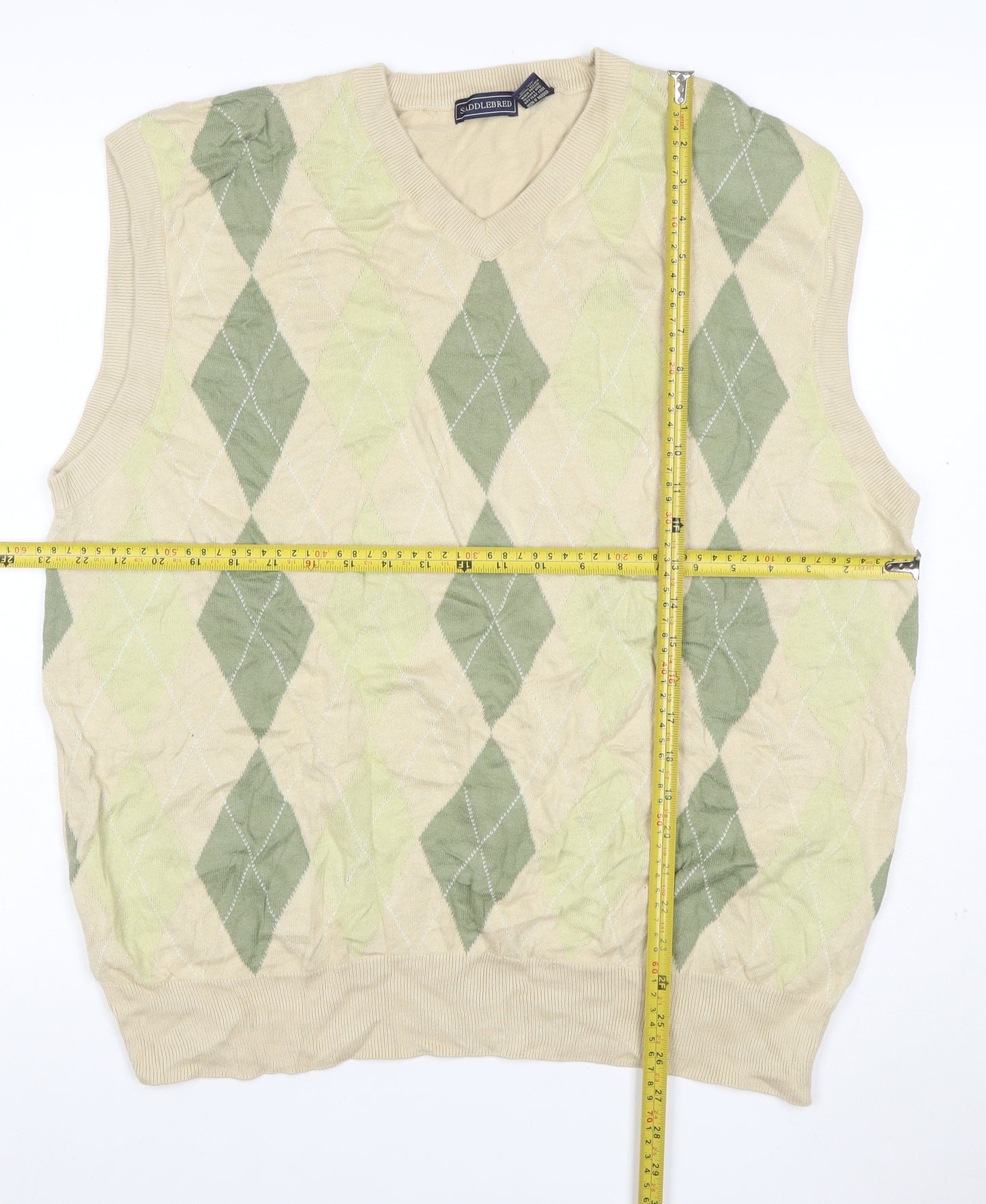 SaddleBred Men's Beige Green XL Argyle V-Neck Cotton Knit Sweater Vest