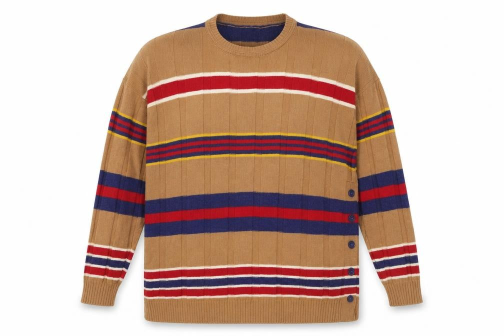 Front view of United Colors of Benetton unisex multicoloured striped wool jumper uk 16 crew neck