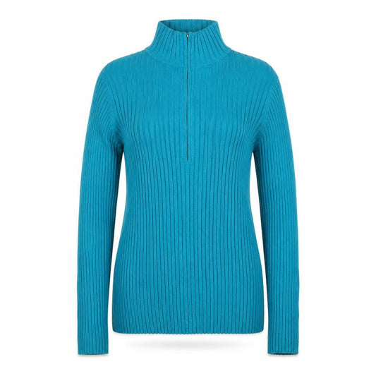 Front view of Eddie Bauer Women’s Blue L Rib Knit 1/4 Zip High Neck Jumper