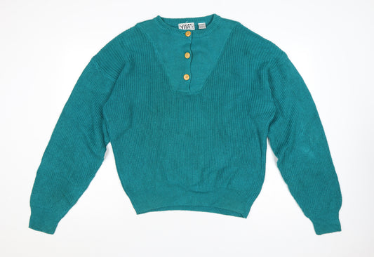 Vibes Women’s Blue Ramie Cotton L Henley Raglan Knit Jumper