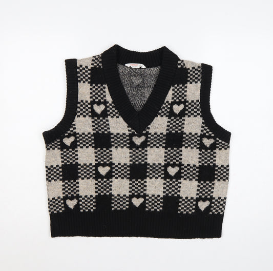 ANYDAY John Lewis Women Black Beige M V-Neck Heart Check Knit Vest