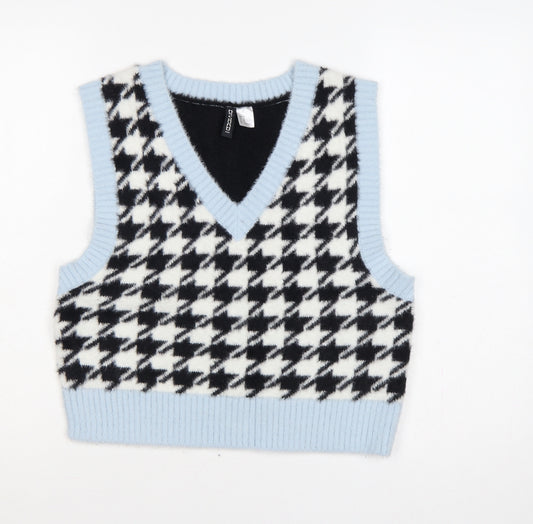 H&M Divided Women Blue Black Houndstooth Knit V-Neck Vest UK 12
