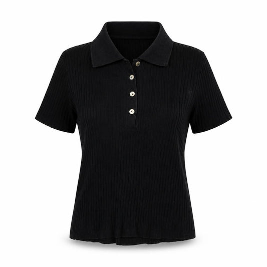 Zara Women Black M Ribbed Knit Button Polo Jersey Top Slim Fit