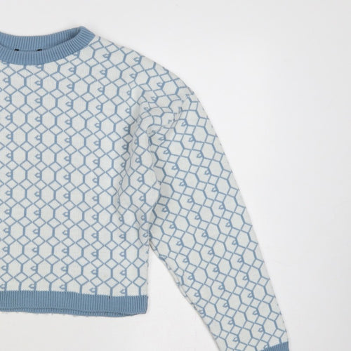 I Saw It First Womens Blue White M Geometric Knit Crew Neck Jumper