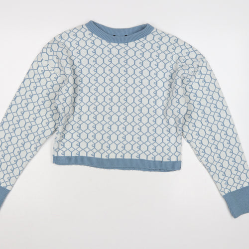 I Saw It First Womens Blue White M Geometric Knit Crew Neck Jumper