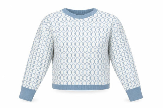 Front view of I Saw It First women’s blue white m geometric knit crew neck jumper