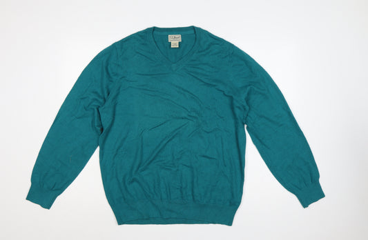 L.L.Bean Men’s Blue L V-Neck Cotton Cashmere Pullover Jumper