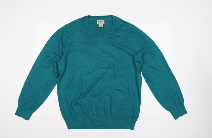 L.L.Bean Men’s Blue L V-Neck Cotton Cashmere Pullover Jumper