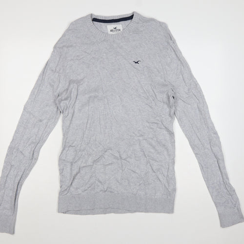 Hollister Men Grey L Crew Neck Logo Cotton Blend Knit Pullover Jumper