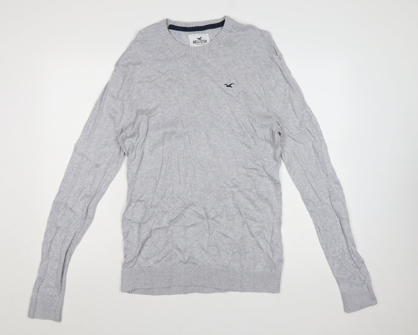 Hollister Men Grey L Crew Neck Logo Cotton Blend Knit Pullover Jumper