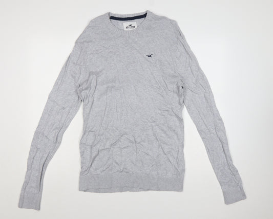 Hollister Men Grey L Crew Neck Logo Cotton Blend Knit Pullover Jumper
