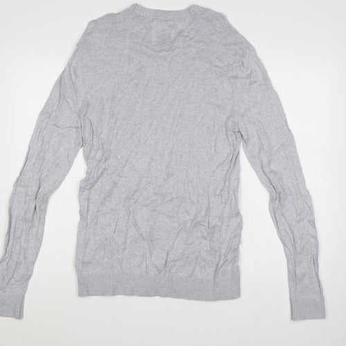 Hollister Men Grey L Crew Neck Logo Cotton Blend Knit Pullover Jumper