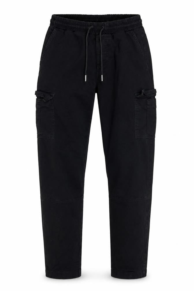 Front view of boohooMAN Men's Black XS Cargo Trousers Elastic Waist Drawstring