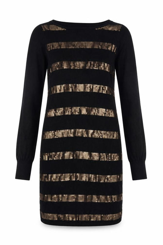 Front view of Oasis Women Black Gold Sequin Striped Bodycon Knit Jumper Dress XS