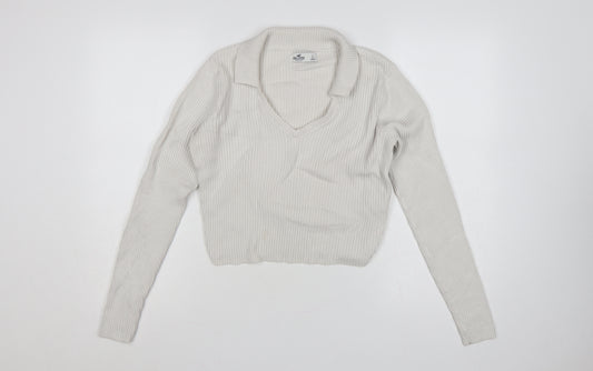 Hollister Women Ivory L Ribbed V-Neck Collared Knit Jumper