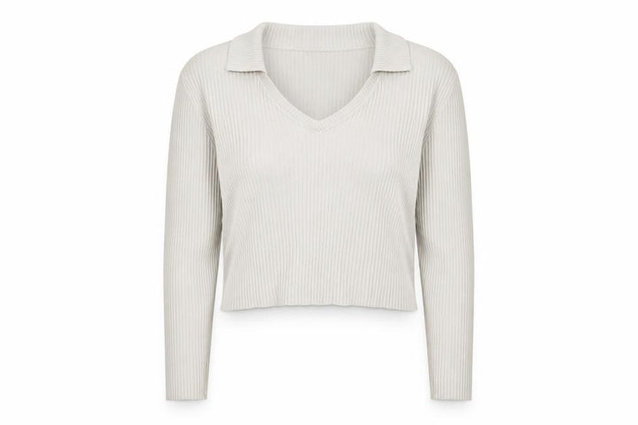 Hollister Women Ivory L Ribbed V-Neck Collared Knit Jumper