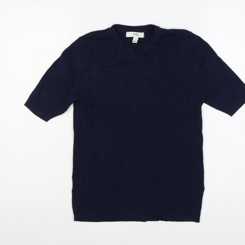 Marks and Spencer Women Blue M Rib Knit Short Sleeve Crew Neck T-Shirt
