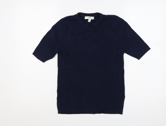 Marks and Spencer Women Blue M Rib Knit Short Sleeve Crew Neck T-Shirt