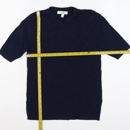 Marks and Spencer Women Blue M Rib Knit Short Sleeve Crew Neck T-Shirt