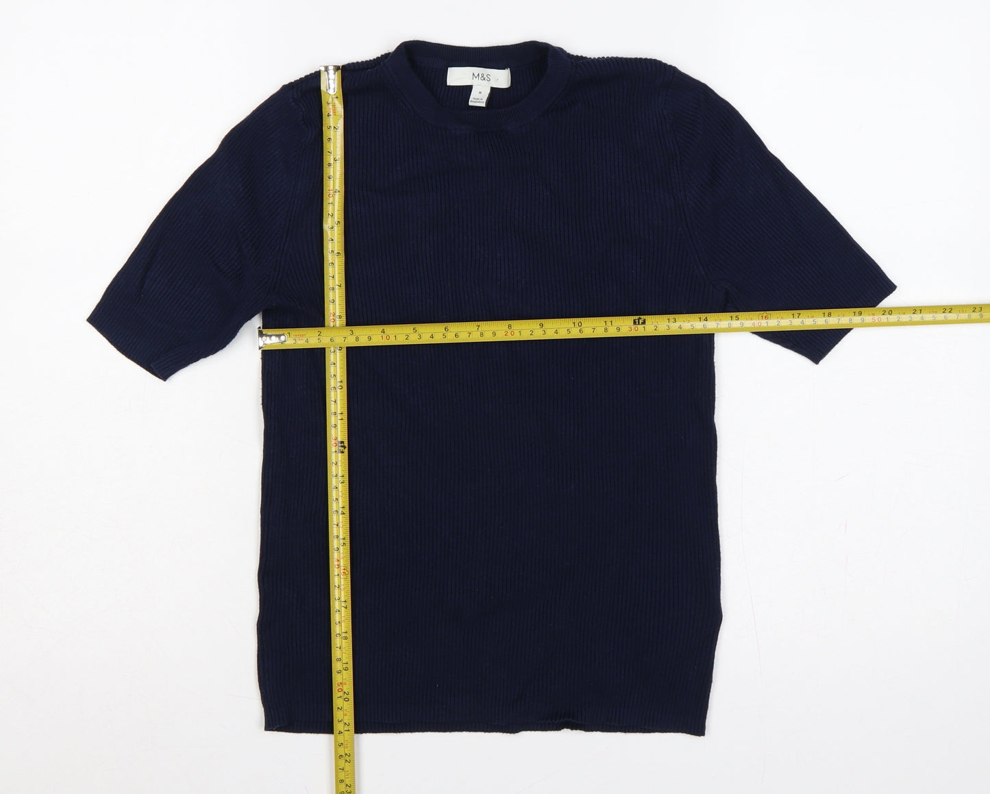 Marks and Spencer Women Blue M Rib Knit Short Sleeve Crew Neck T-Shirt