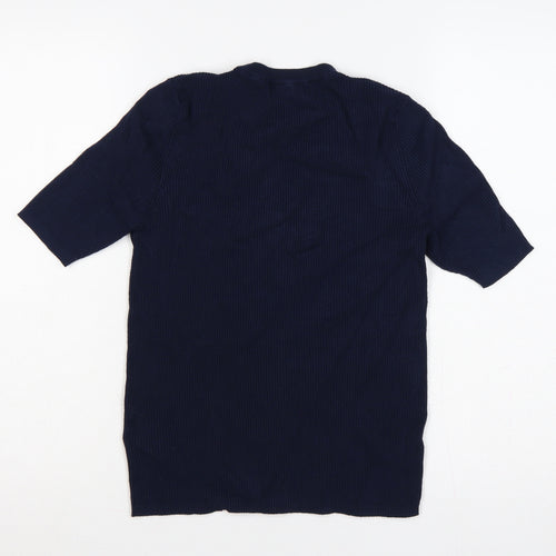 Marks and Spencer Women Blue M Rib Knit Short Sleeve Crew Neck T-Shirt