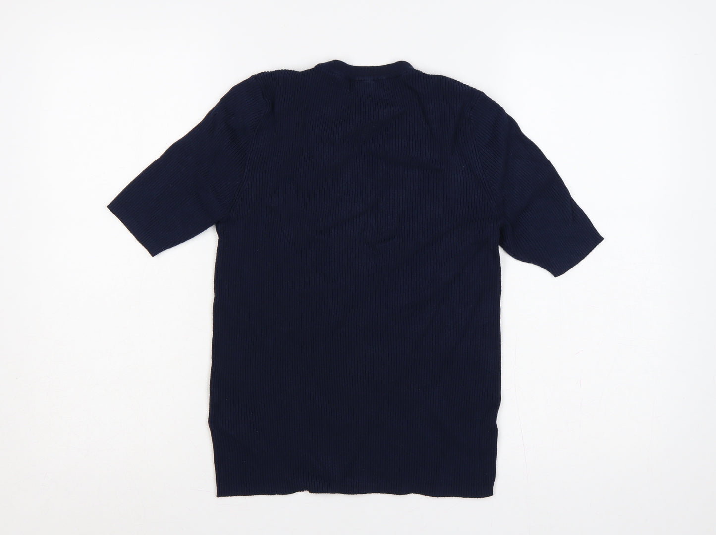 Marks and Spencer Women Blue M Rib Knit Short Sleeve Crew Neck T-Shirt