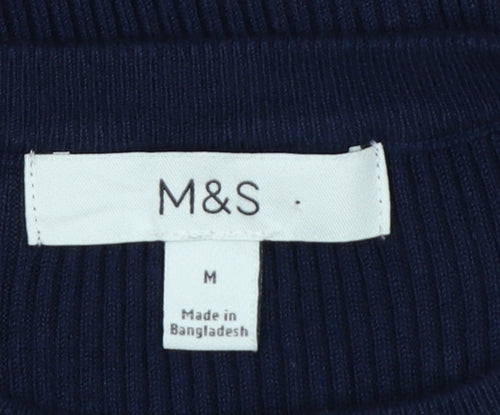 Marks and Spencer Women Blue M Rib Knit Short Sleeve Crew Neck T-Shirt