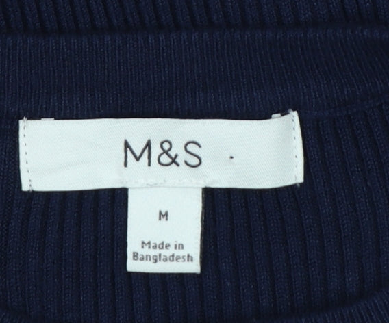 Marks and Spencer Women Blue M Rib Knit Short Sleeve Crew Neck T-Shirt