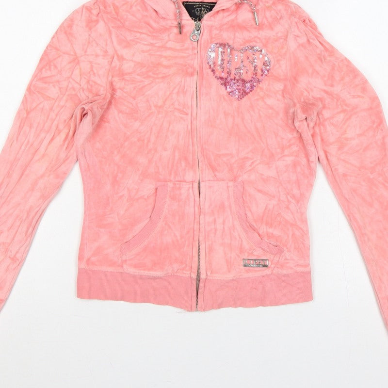 Lipsy Women’s Pink UK 6 Full Zip Hooded Velour Hoodie Heart Sequin