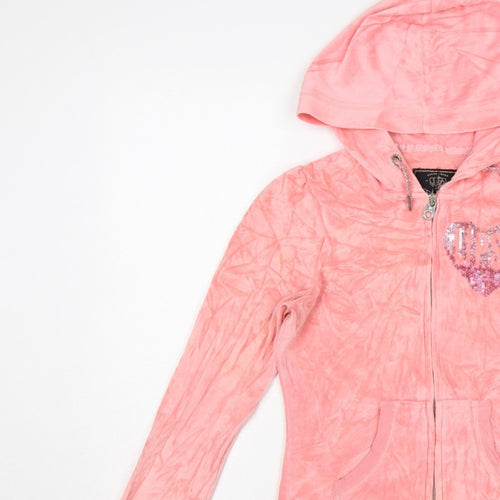 Lipsy Women’s Pink UK 6 Full Zip Hooded Velour Hoodie Heart Sequin