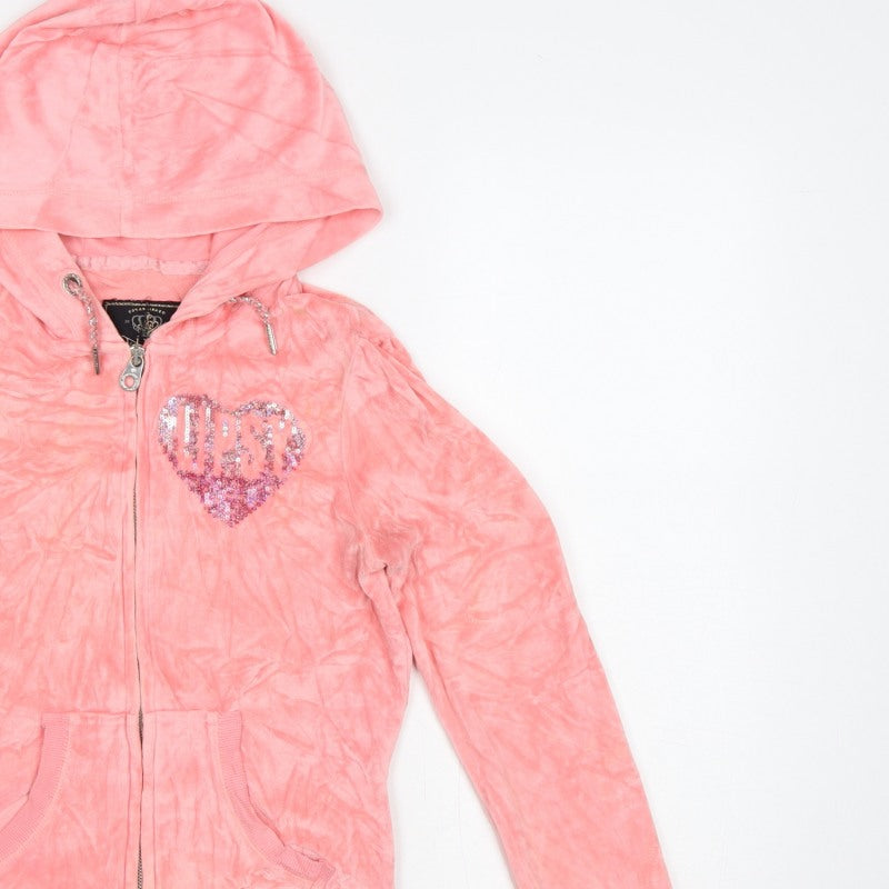 Lipsy Women’s Pink UK 6 Full Zip Hooded Velour Hoodie Heart Sequin