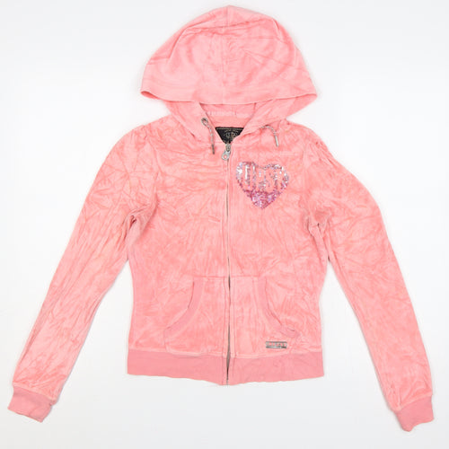 Lipsy Women’s Pink UK 6 Full Zip Hooded Velour Hoodie Heart Sequin