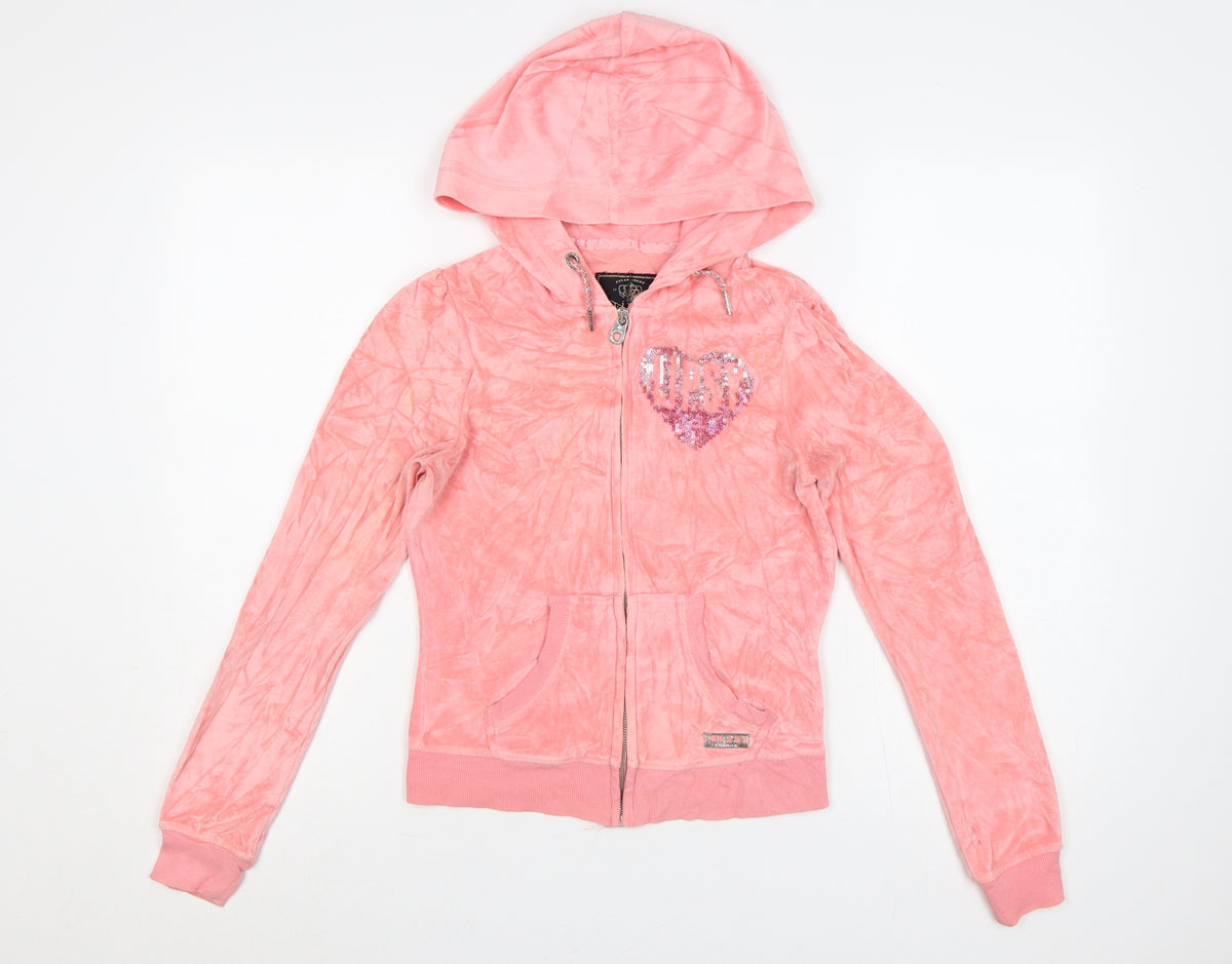 Lipsy Women’s Pink UK 6 Full Zip Hooded Velour Hoodie Heart Sequin