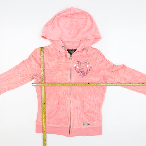 Lipsy Women’s Pink UK 6 Full Zip Hooded Velour Hoodie Heart Sequin