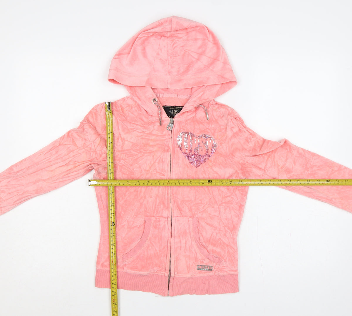 Lipsy Women’s Pink UK 6 Full Zip Hooded Velour Hoodie Heart Sequin