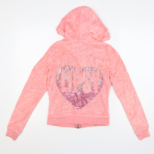 Lipsy Women’s Pink UK 6 Full Zip Hooded Velour Hoodie Heart Sequin