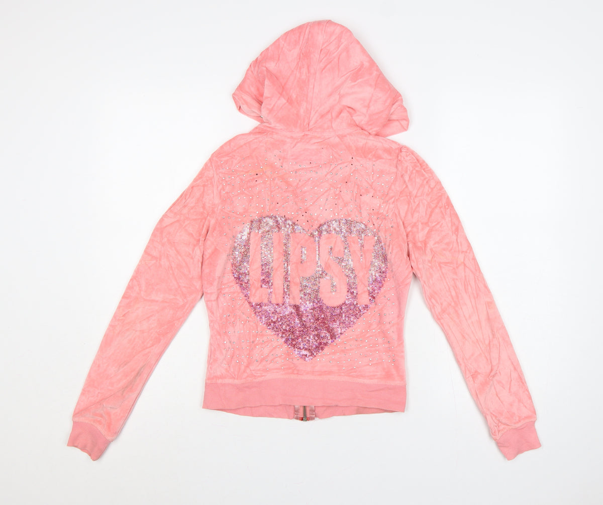 Lipsy Women’s Pink UK 6 Full Zip Hooded Velour Hoodie Heart Sequin