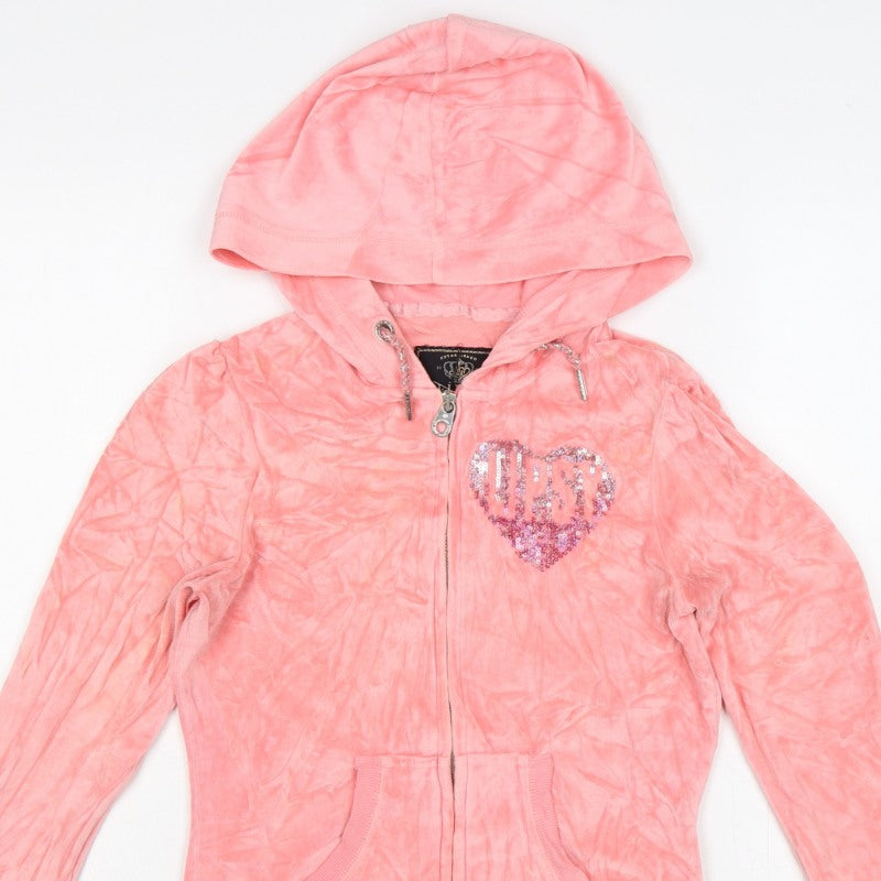 Lipsy Women’s Pink UK 6 Full Zip Hooded Velour Hoodie Heart Sequin