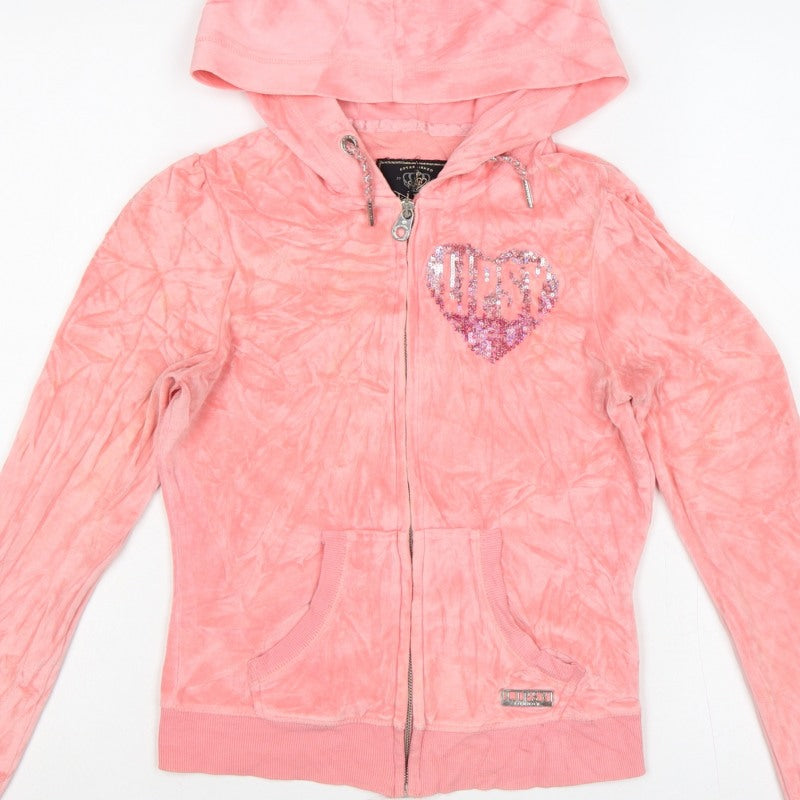 Lipsy Women’s Pink UK 6 Full Zip Hooded Velour Hoodie Heart Sequin