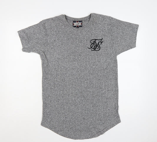 SikSilk Men's Grey M Slim Fit Curved Hem Embroidered Logo T-Shirt