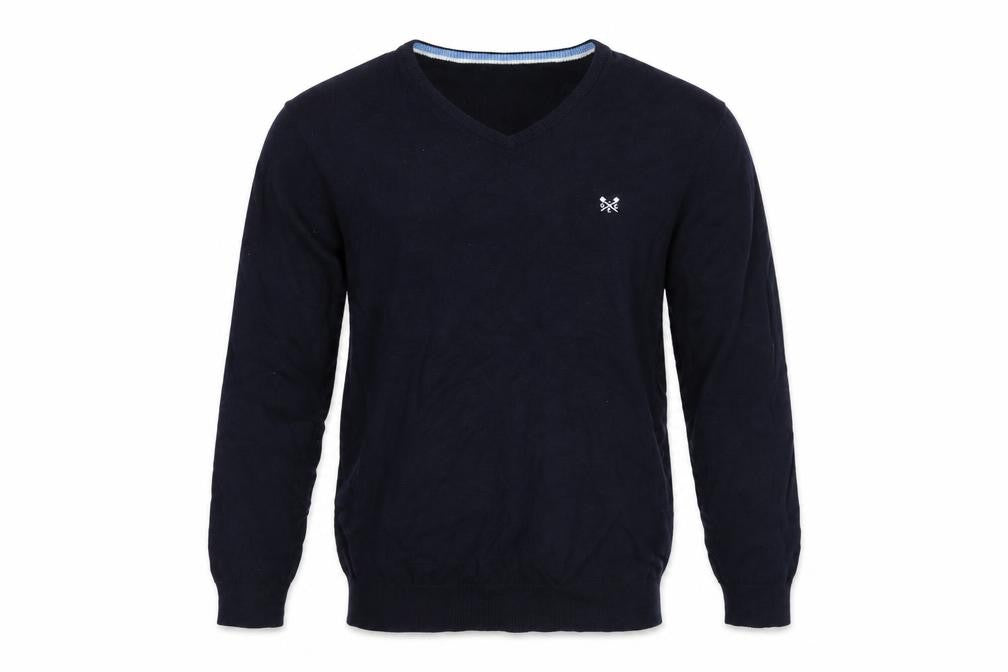 Crew Clothing Company Men’s Navy L V-Neck Cotton Cashmere Logo Jumper