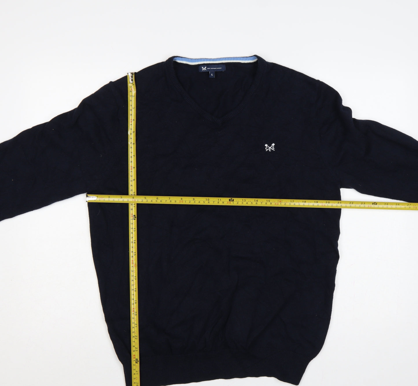 Crew Clothing Company Men’s Navy L V-Neck Cotton Cashmere Logo Jumper