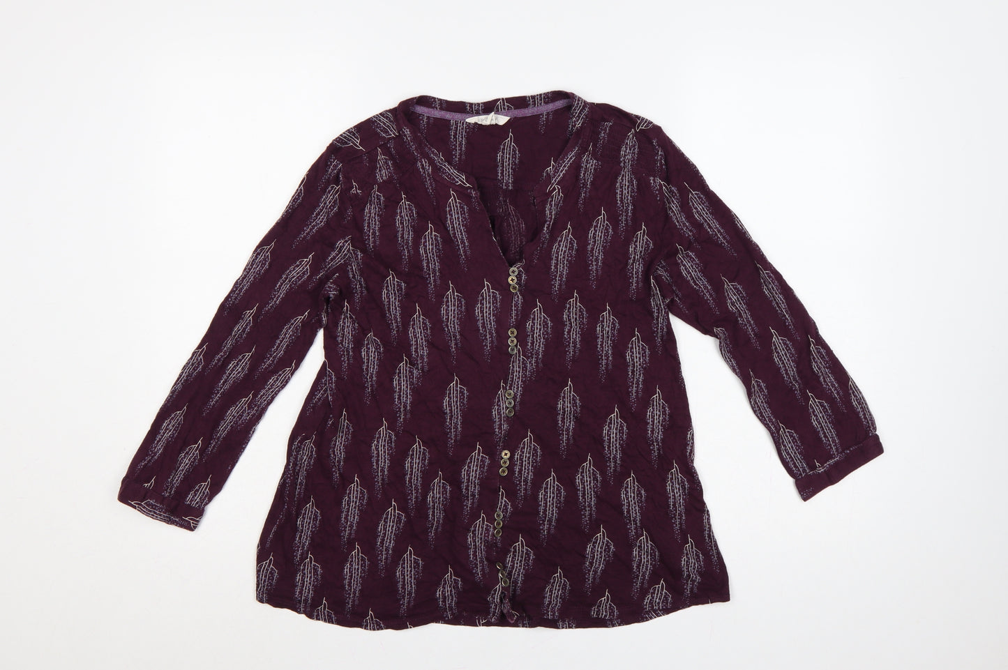 White Stuff Women Purple UK 12 Leaf Print Cotton Modal Tunic Blouse