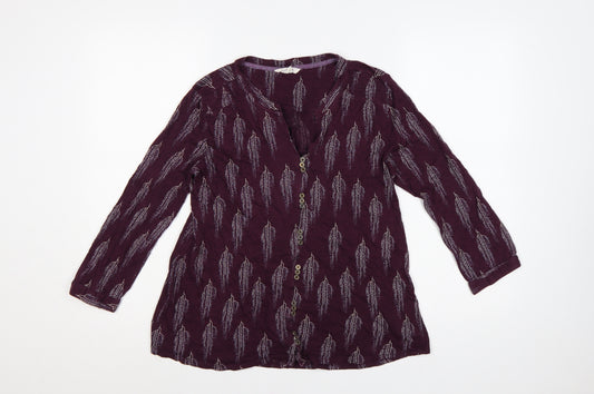 White Stuff Women Purple UK 12 Leaf Print Cotton Modal Tunic Blouse