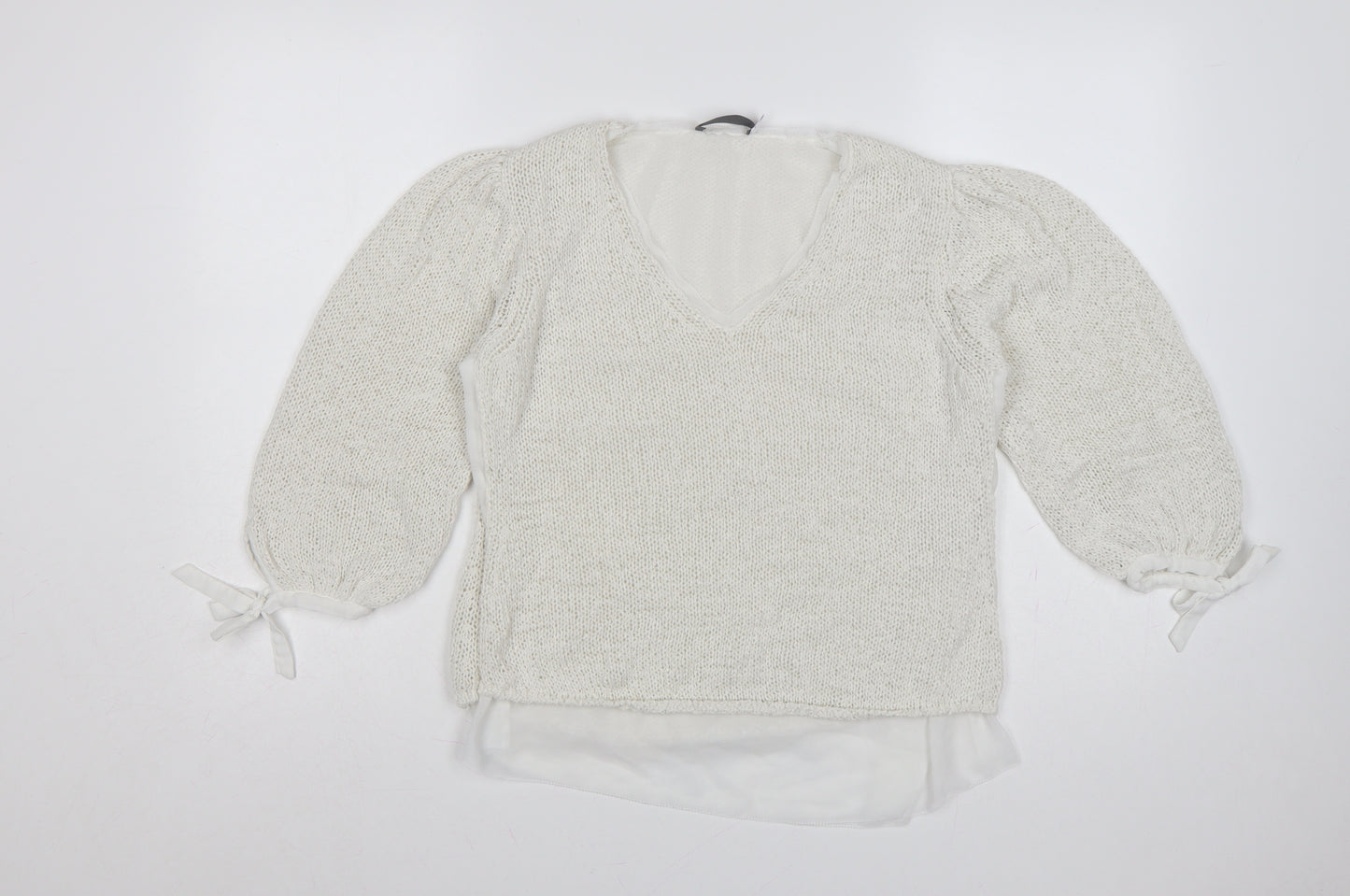 Mint Velvet Women Ivory S V-Neck Knit Balloon Sleeve Jumper
